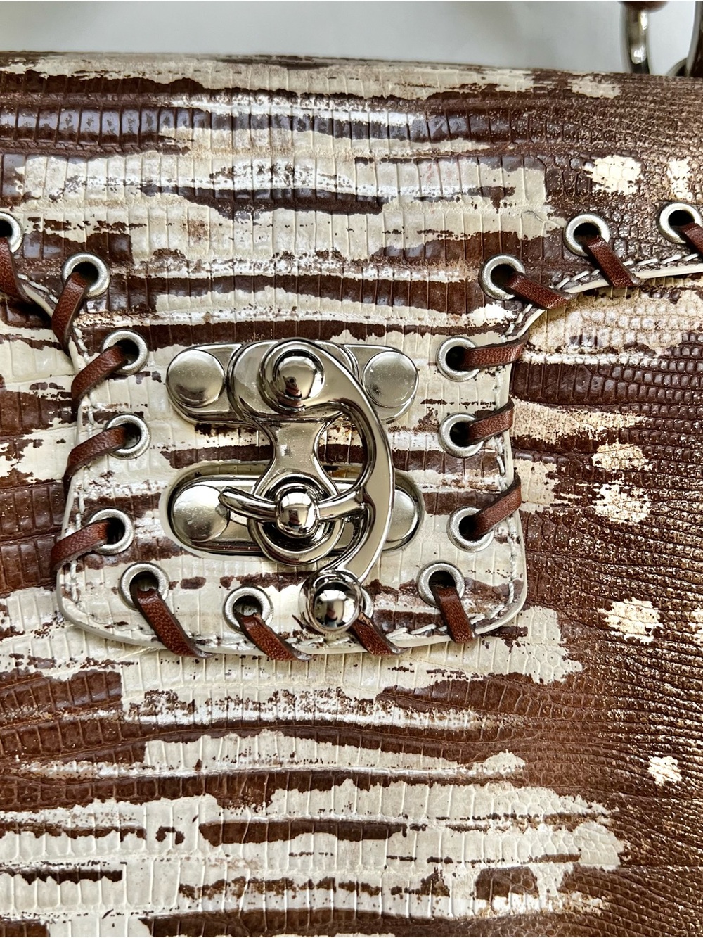 Sondra Robert’s Whipstitch Croc Embossed Two Tone Tan Satchel Hand Bag - Picture 2 of 11